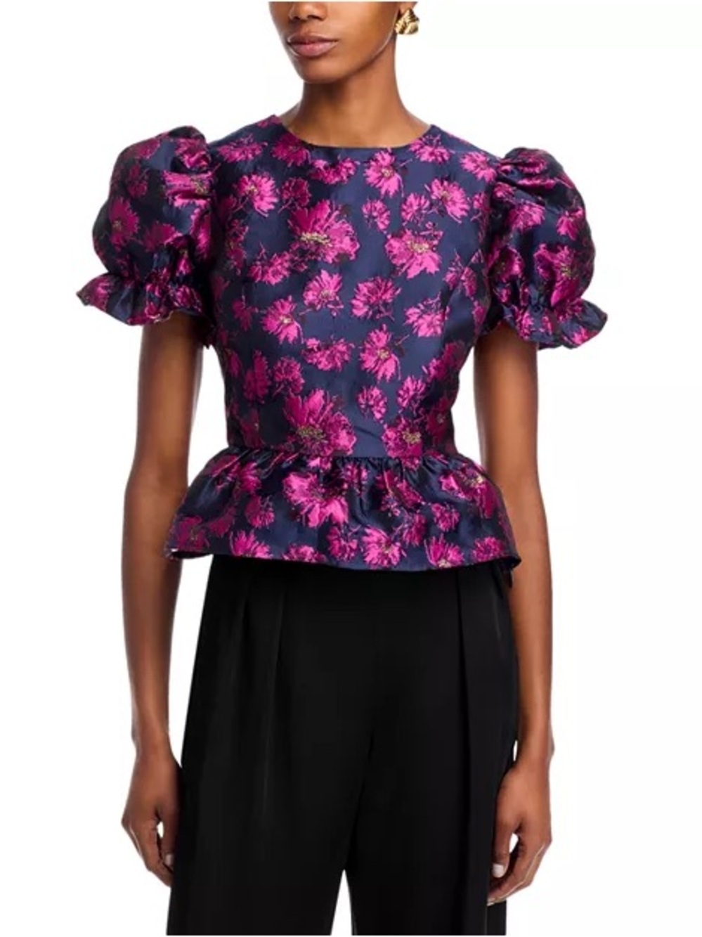 AQUA Navy Jacquar Peplum Top Size S - Picture 3 of 14
